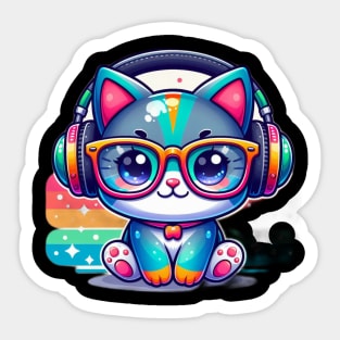 Cute Colorful Cat with glasses and headphone Sticker